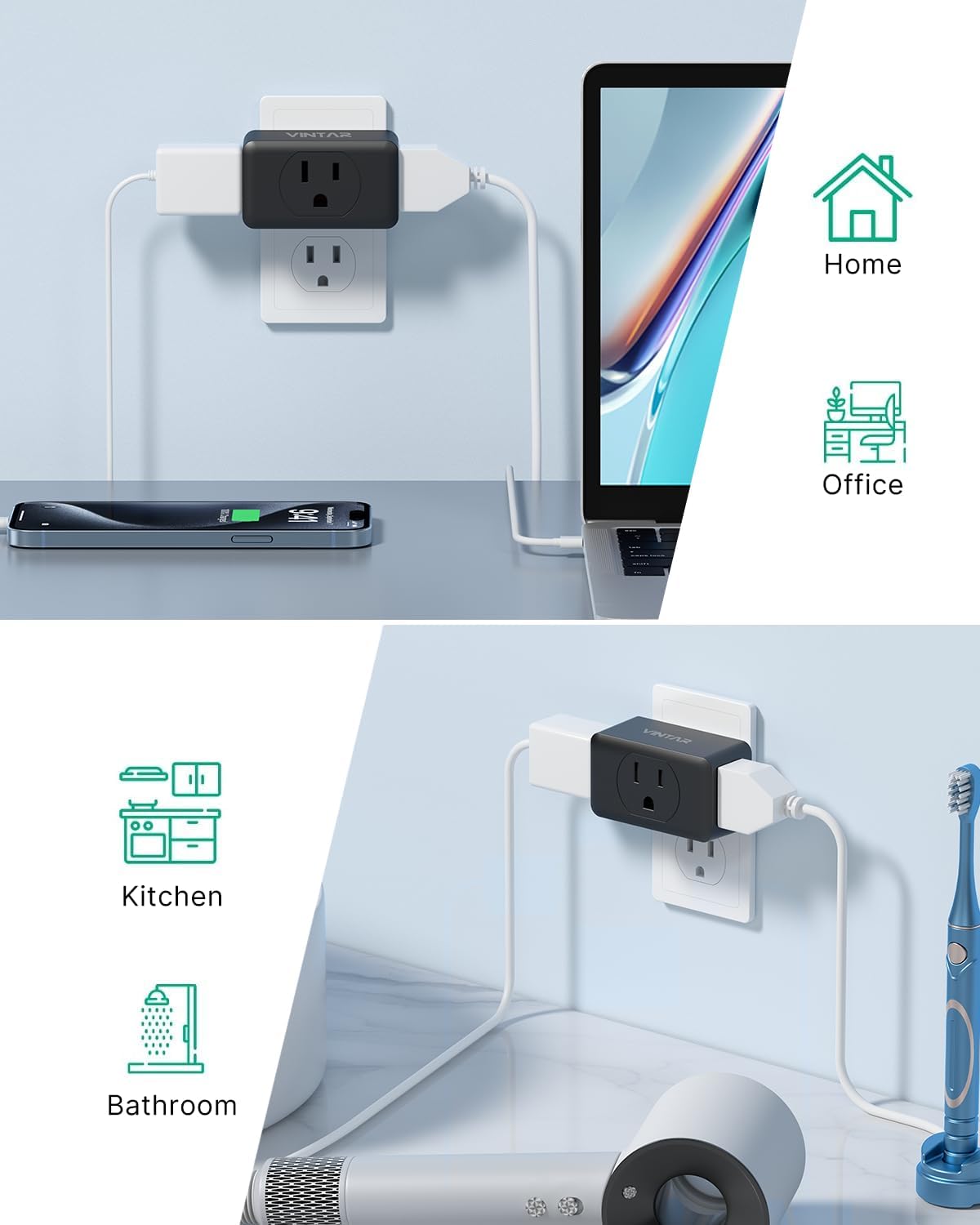 VINTAR 3 Pack Multi Plug Outlet Extender, Adapter, Splitter, Black, Type A, 125V, 15A, ETL Certified