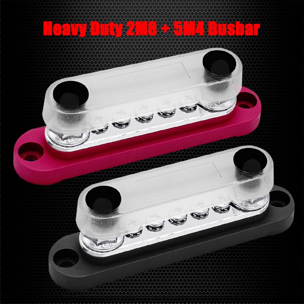 2 x M8 (5/16") Power Distribution Block Bus Bar 12V with 5 x M4 (#8) Screws, Ampper 4.3" 200A Marine BusBar Battery Distribution Block W/Cover for Car Boat Solar (Red & Black)