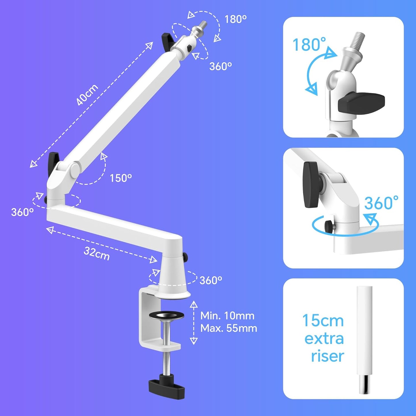 Low Profile Mic Arm Microphone Boom Arm Professional Adjustable with 15cm Riser Solid Desk Mount Clamp Cable Management Microphone Holder Stand for Podcast Streaming Gaming Mic Stand White
