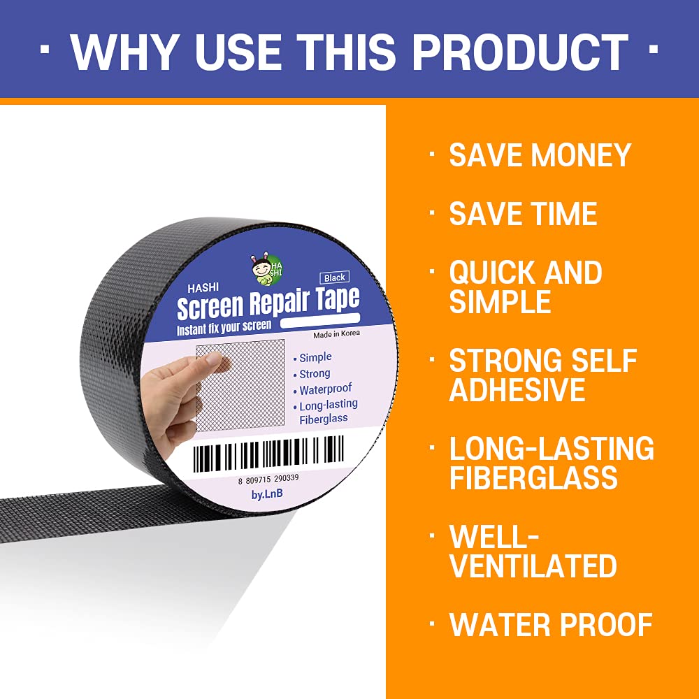 HA SHI Screen Repair Kit for Windows or Doors (2" x 6.5FT, Black) 3-Layer Strong Adhesive Tape, Made in Korea, Ease-Installation Fiberglass Covering Mesh