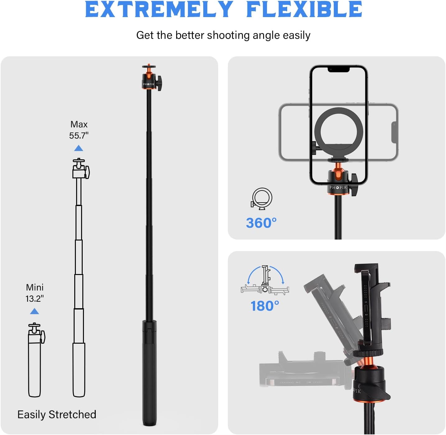 PHOPIK 55" Magnetic Selfie Stick Phone Tripod, Extendable Magnetic Cell Phone Tripod Stand Compatible with iPhone/Android/Sport Camera&Insta 360 x5, Perfect for Video Recording/Selfies/Live Stream