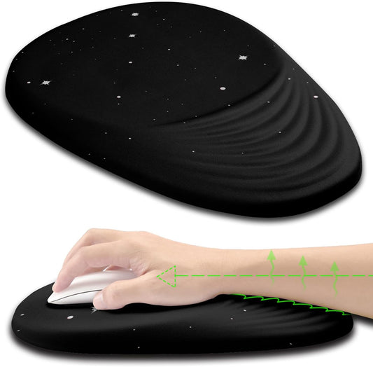 Ergonomic Mouse Pad Wrist Support, Mouse Pad with Wrist Rest, Entire Memory Foam & Non-Slip PU Base MousePads with Stepped-Wedge Design for Pain Relief, Desk, Office, Home, Black Star