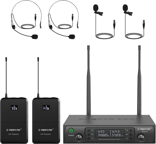Phenyx Pro Dual UHF Wireless Microphone System，Auto-Scan Cordless Mic Set w/ 2x100 Frequencies, 2 Bodypacks & Headsets/Lapel Microphones for Speaking, Singing, Church, DJ (PTU-71-2B)