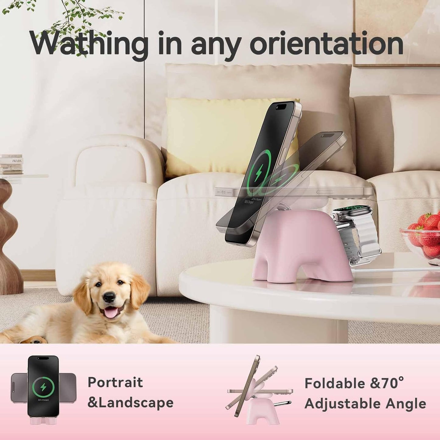 2025 Magnetic Wireless Charging Station, 15W Mag-Safe Charger Stand for iPhone 16 15 14 13 12 Pro Max, 5W for Apple Watch&Airpods, 2-in-1 Foldable Charger for Home/Office/Travel(with 30W Adapter)