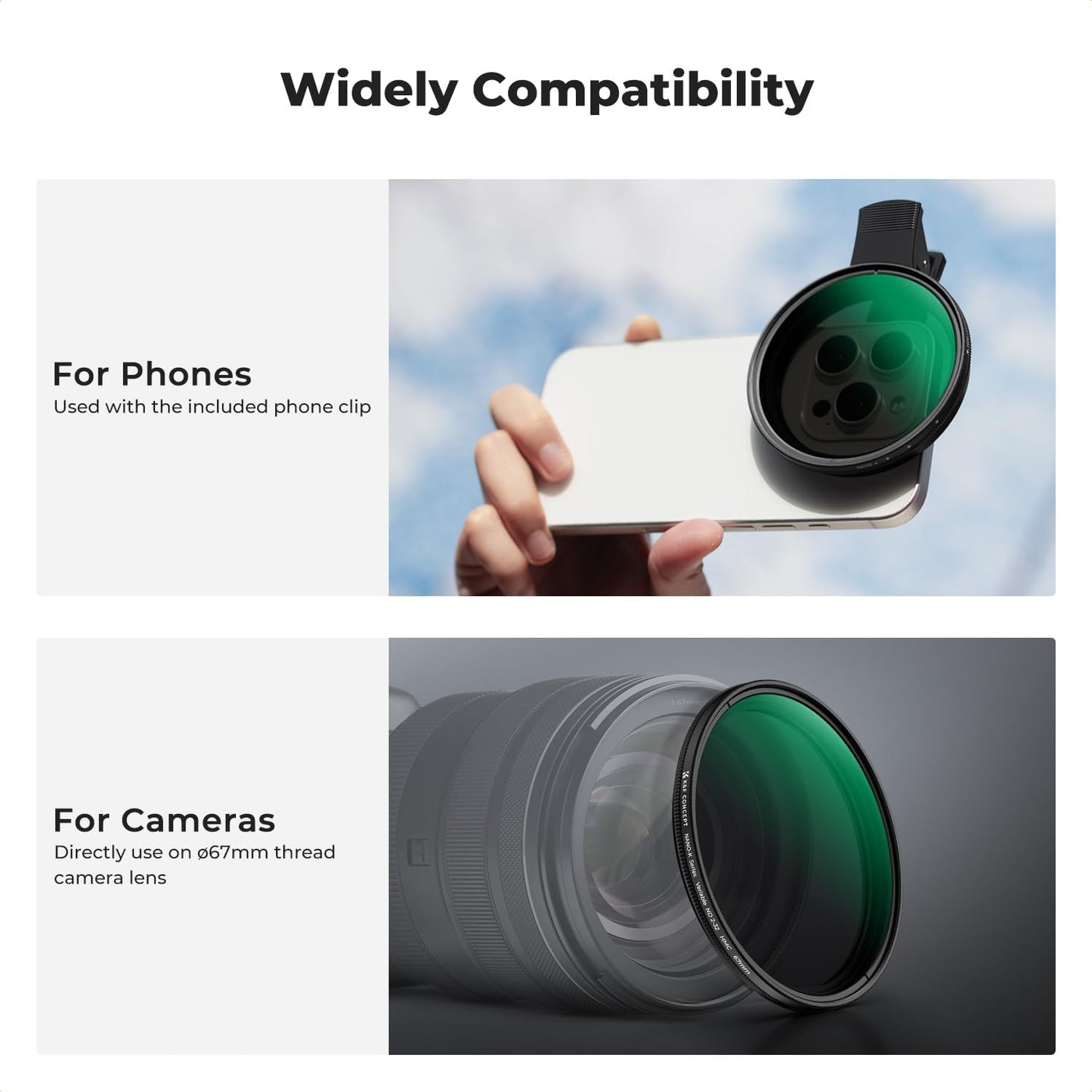 K&F Concept 67mm Clip-on ND2-32 Phone Camera Lens Filter Kit, Multi-Coated Variable Neutral Density Light Reduction Filter Compatible with iPhone 16 15 14 13 12 11 and Other Smart Phone