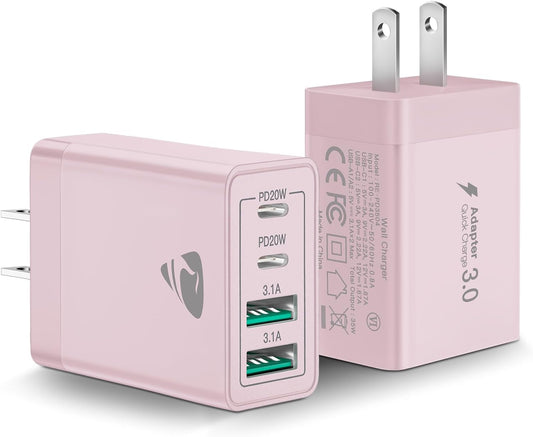 40W USB C Charger Cube, 2-Pack Fast Charging Block, 4-Port QC Wall Plug +PD 3.0 Power Adapter Multiport Brick Type C Charger Block for iPhone 15/15 Pro/15Plus/14/14 Pro/13/12/11,iPad, Airpods,Samsung