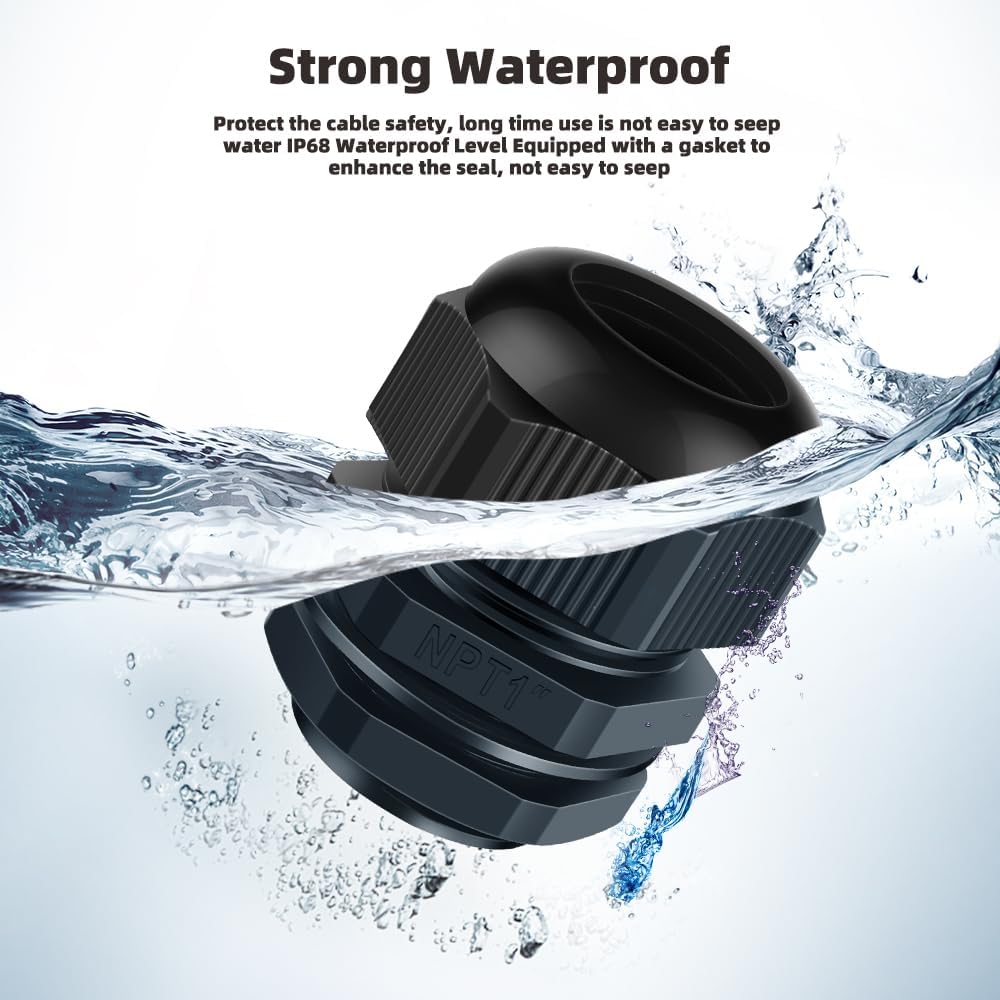 Cable Gland 2 Pack 1" NPT Waterproof Adjustable Connector Strain Relief Cord Connectors Joints Nylon with Gaskets…