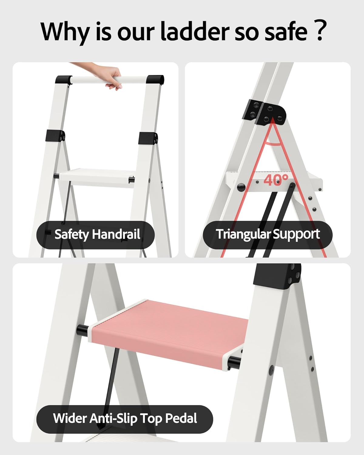 Taranta 4 Step Ladder, Lightweight Aluminum Step Stool with Convenient Handgrip, Folding Ladder with Anti-Slip Pedals, 330lbs Capacity Stepladder for Home, Office, Kitchen - White