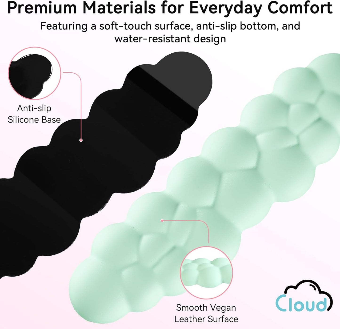 Cloud Wrist Rest for Computer Keyboard, 4-in-1 Memory Foam Leather Cloud Keyboard Wrist Rest and Mouse Pad Set with Ergonomic Support for Arm and Palm Cushion, Gaming/Work Setup, Light Green