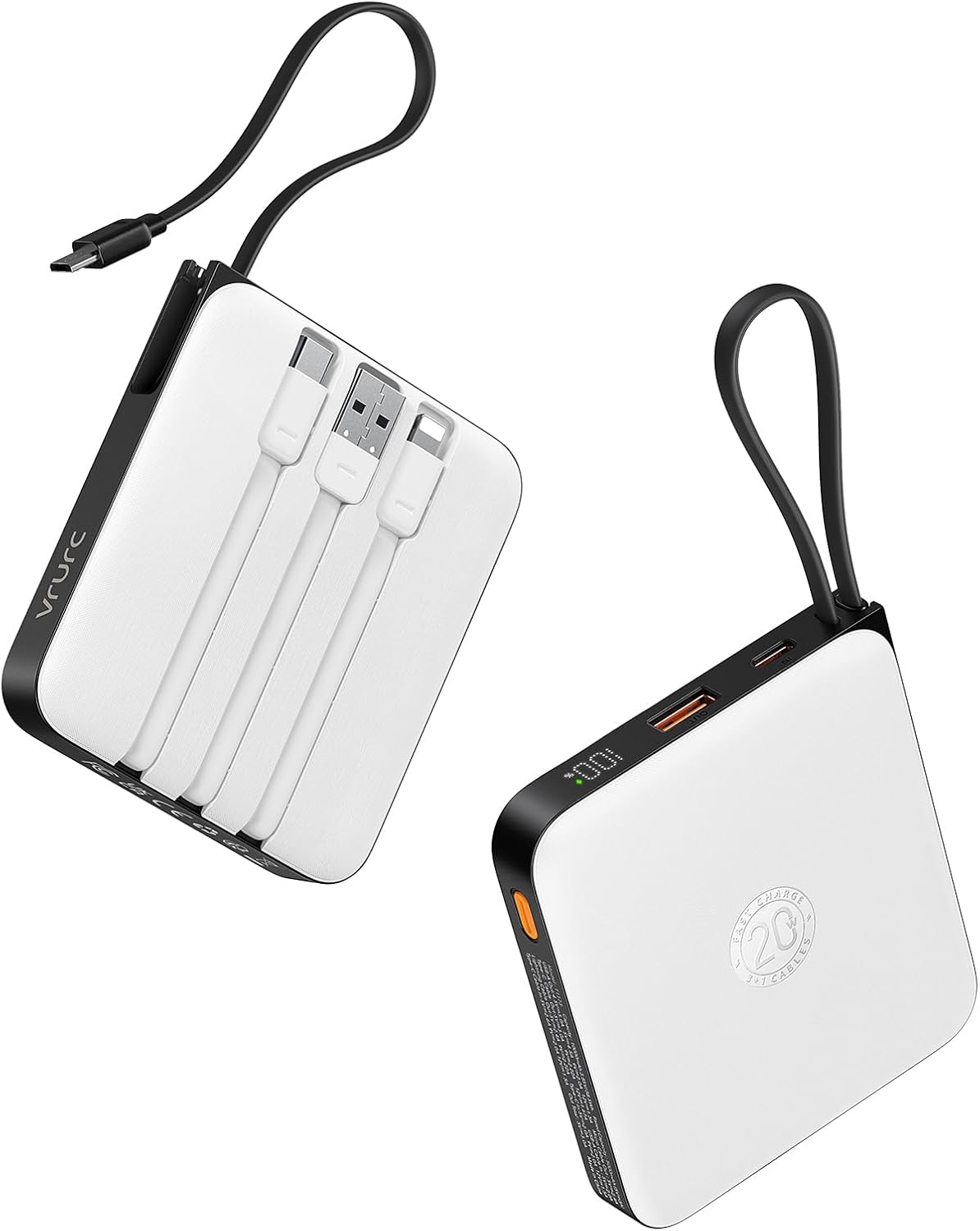 VRURC Portable Charger with Built-in 4 Cables, 10000mAh Battery Pack PD 20W for iPhone, 22.5W USB C Travel Power Bank for iPhone 16 15 14 13 Samsung Galaxy S23 S22 Google Android Phones, Whtie