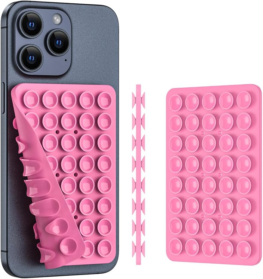 Double Sided Silicone Suction Phone Holder Mount, Silicon Accessory for iPhone and Android, Hands-Free Mirror Shower Phone Holder, TikTok Videos and Selfies (Pink+Transparent)