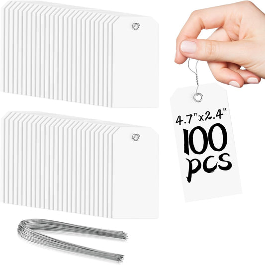 100 White Tags with String - Large Plastic Tags with Reinforced Hole for Price Machines Parts Luggage Garage Inventory (4 3/4" x 2 3/8")