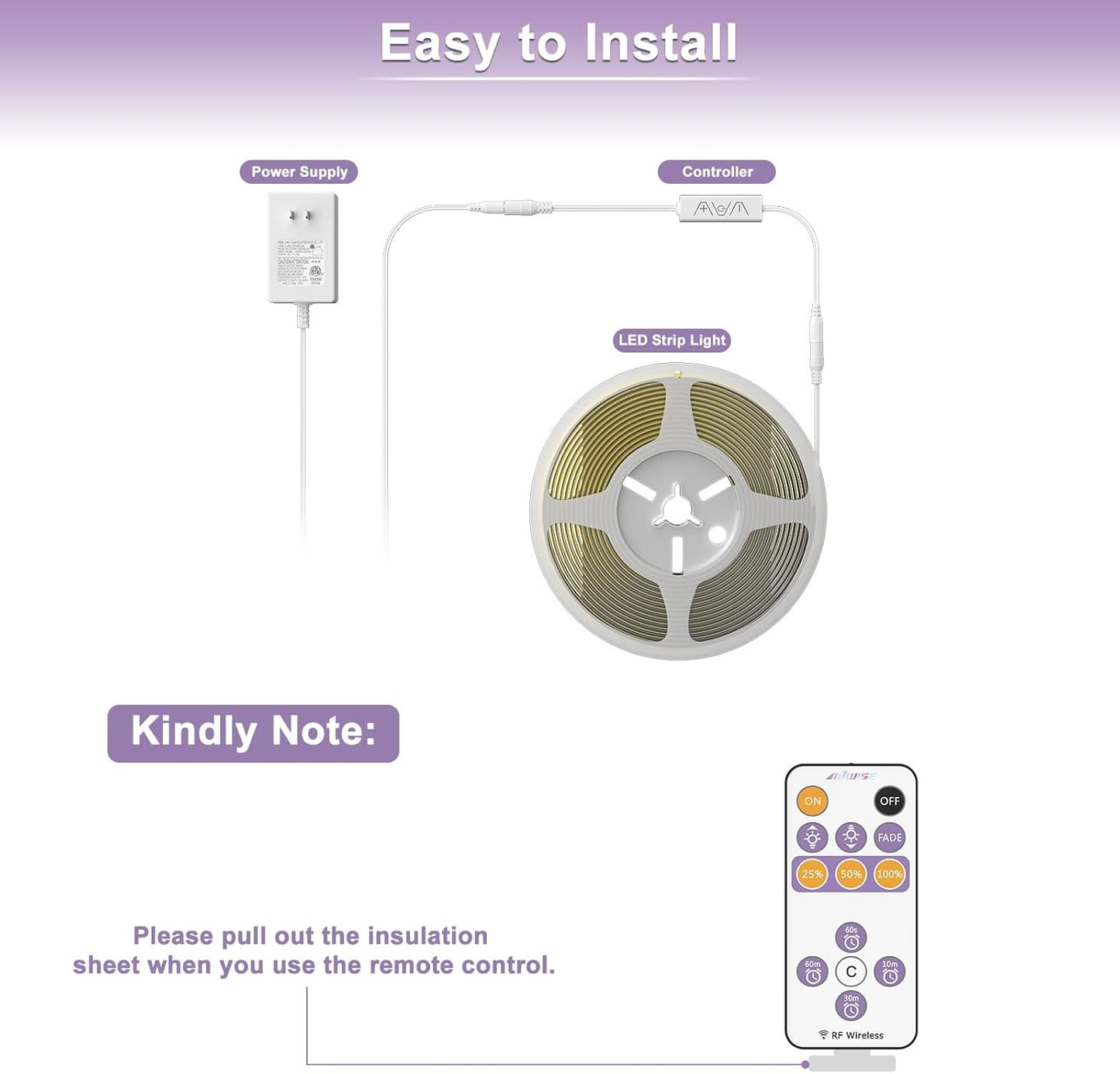 MIWISE RF Remote Dimmer for Single Color LED Strip Lights,13-Key Wireless Remote and in-line Controller DC 12-24V for 3528/2835/5050/COB LED Tape Lights,Timer Function/One-to-Many Control