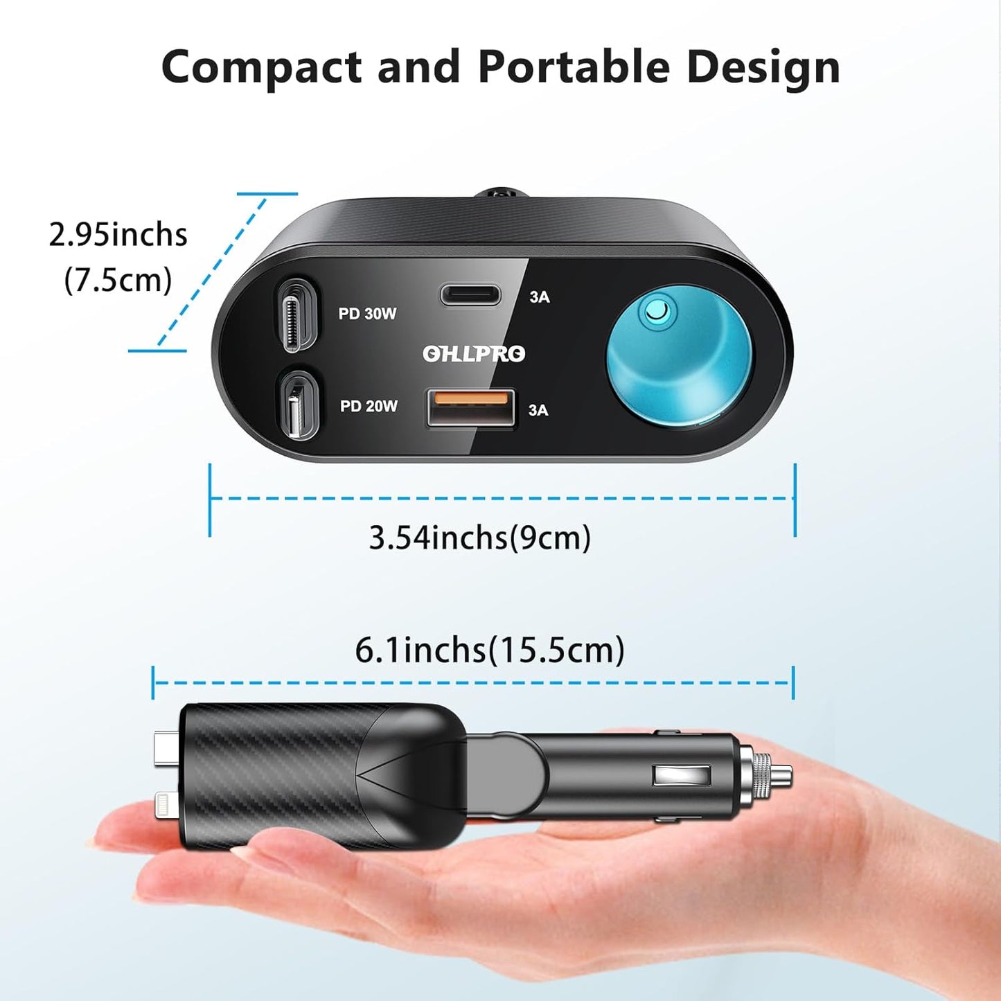 OHLPRO Retractable Car Charger Cigarette Lighter Adapter, 168W 5 in 1 Fast Phone Charging Built-in Replaceable Fuse, Socket Splitter with USB C and USB i Cord, Fit for Phone, iPad, Galaxy, GPS