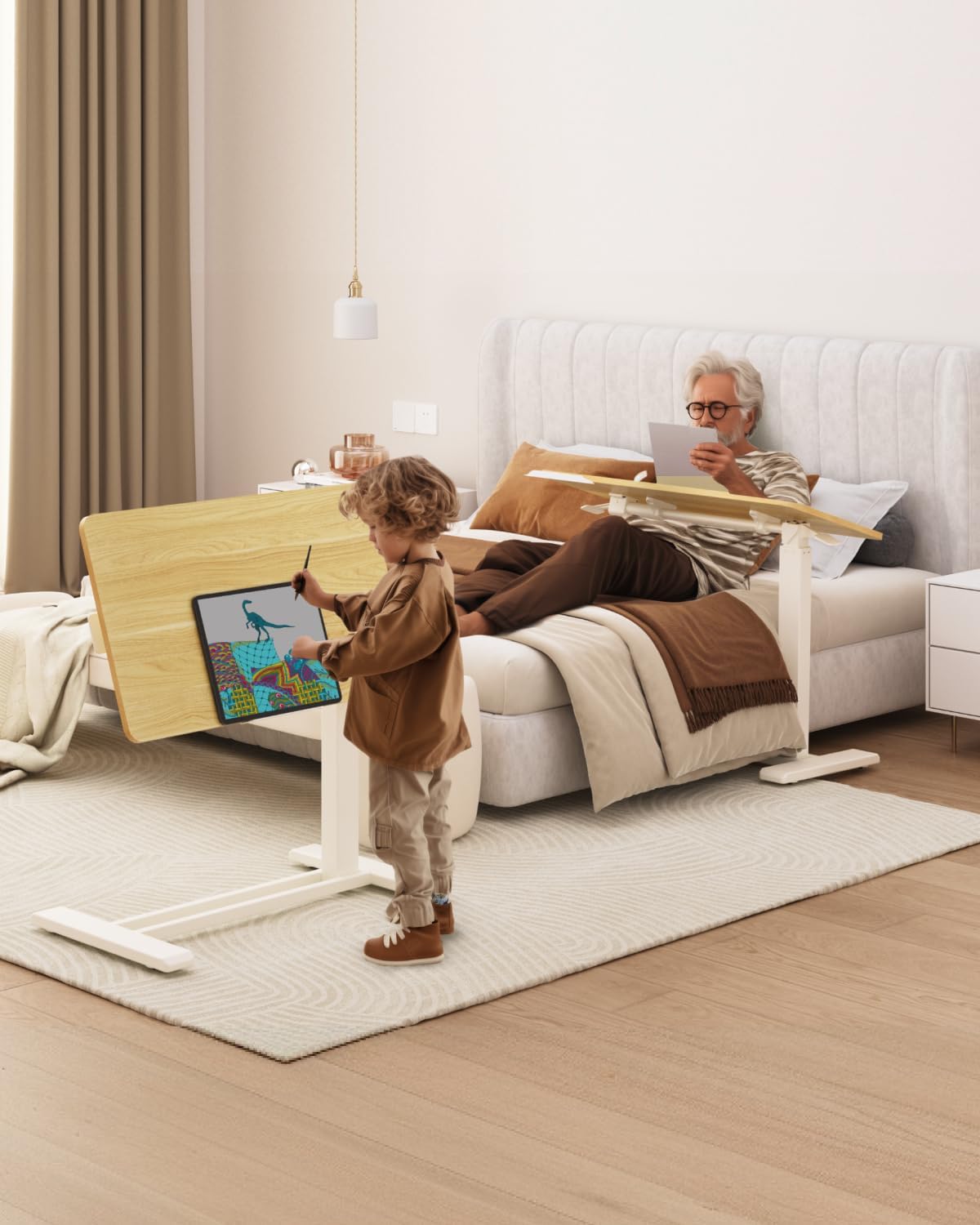 FLEXISPOT H7 PRO Mobile Standing Desk Adjustable Overbed Table Pneumatic with Wheels 90°Tiltable Portable Laptop Desk Rolling Computer Cart Foldable Bedside Table(31.5" W x 17.7" D D, Maple)