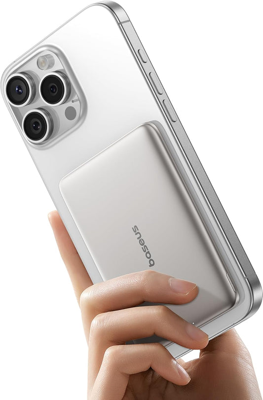 Baseus Picogo Power Bank, 0.3" Ultra Slim 5000mAh MagSafe Portable Charger with USB-C Braided Cable, Card-Size Magnetic Battery Pack, Alloy Wireless Fast Charger for iPhone 16/15/14/13/12, Lightweight