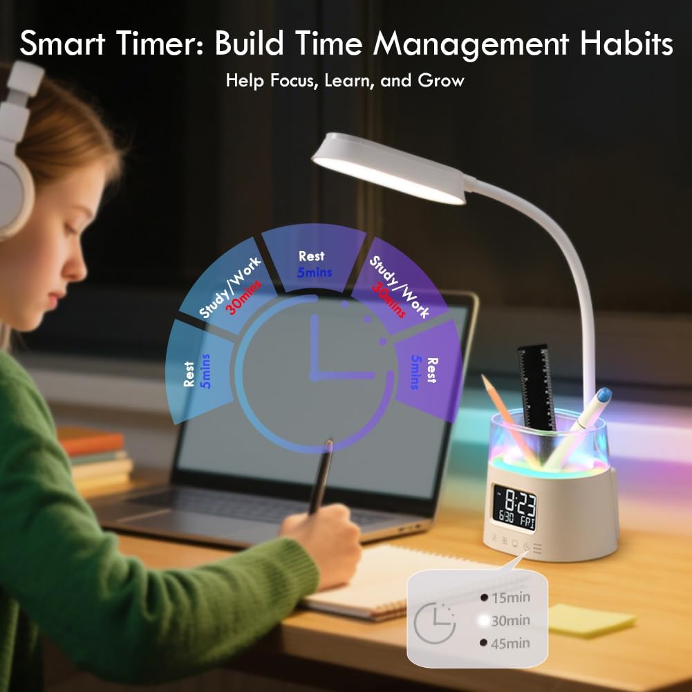WILIT LED Desk Lamps for Home Office with Pen Holder, Table Lamp for Bedroom with USB Charging Port & Clock, RGB Night Light, Study Lamp for Kids Student, Desk Lamp for College Dorm Room Essentials