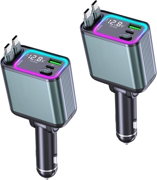 [2 Pack] 4 in 1 Retractable Car Charger with RGB Light, 92W Fast Charging Dual USB C Car Adapter, Compact Car Phone Charger for iPhone/Galaxy/Pixel, Road Trip Essentials (Dual Type C Cable)
