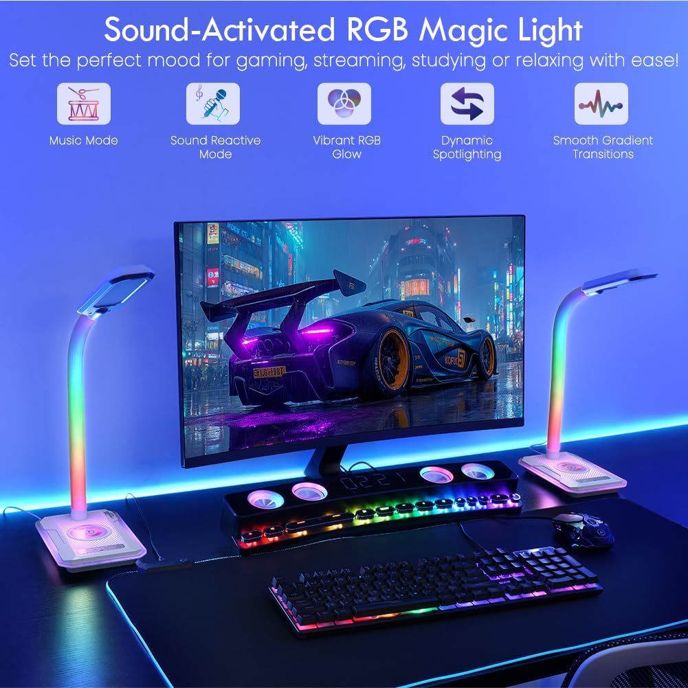 WILIT Desk Lamp with Wireless Charger, Music Sync RGB Color Changing Lights, Gaming Lamp with USB Charging Port, Touch Control Table Lamp, Desktop Light for Home Office Dorm Room, Birthday Gifts