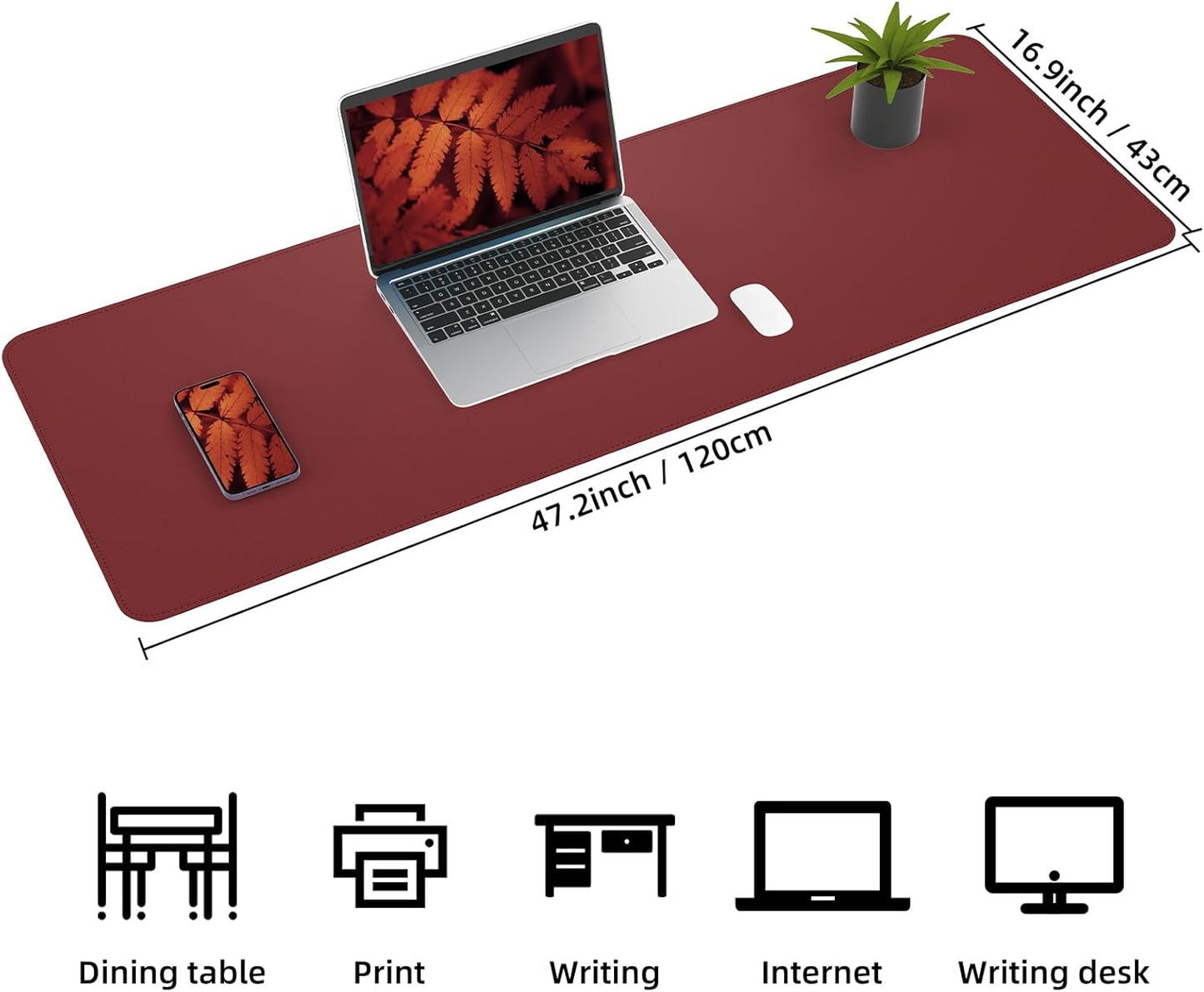 Leather Desk pad Protector, Large Desk mat with Natural Cork & PU Leather,Mouse pad,Non-Slip Office Desk Mat,Waterproof Desk Writing Pad for Office and Home (47in*17in, red)