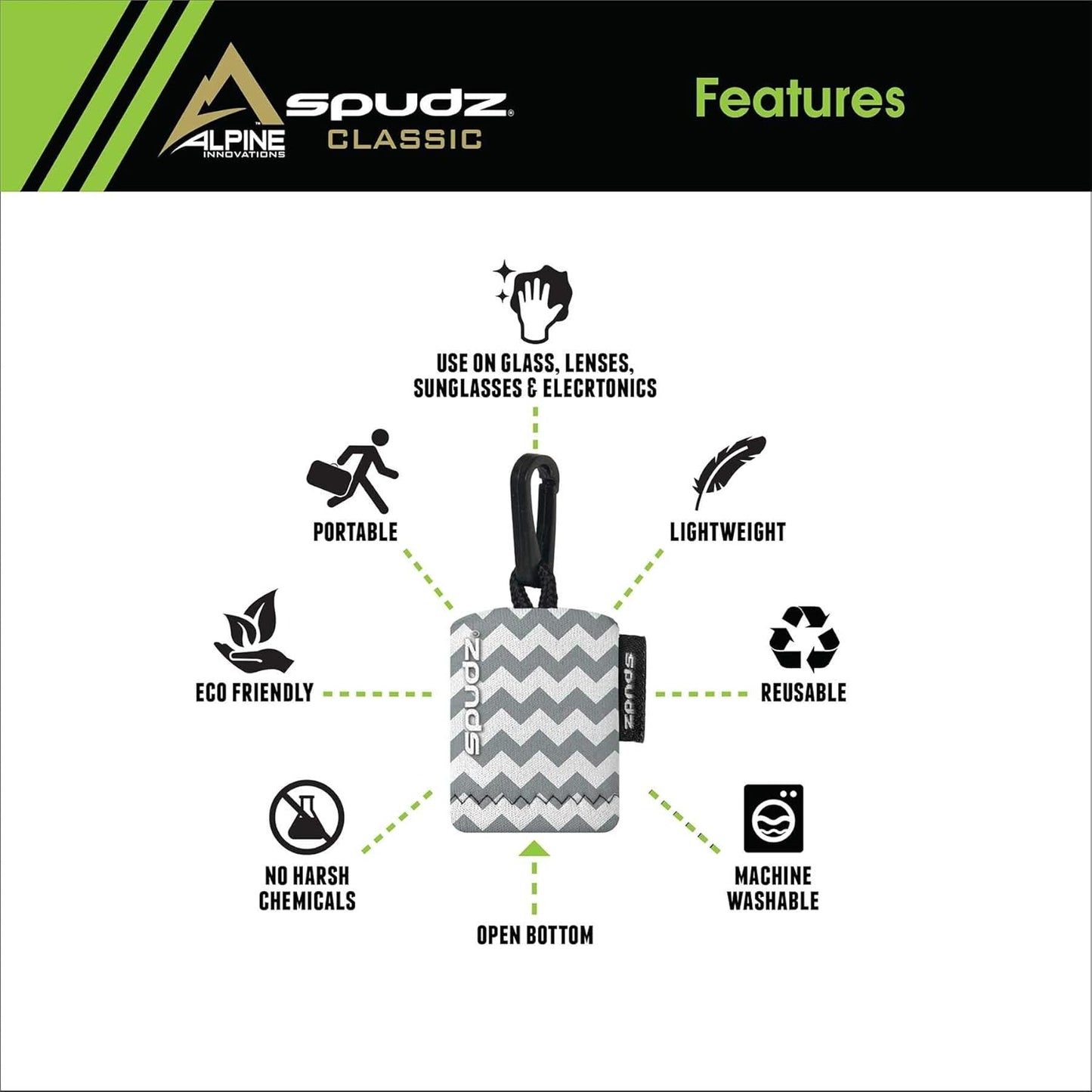 SPUDZ Classic Microfiber Lens Cleaner – Clip-On Pouch, Washable – for Binoculars, Scopes, Glasses, Screens | Gray Chevron, 6 x 6 Inch (3-Pack)