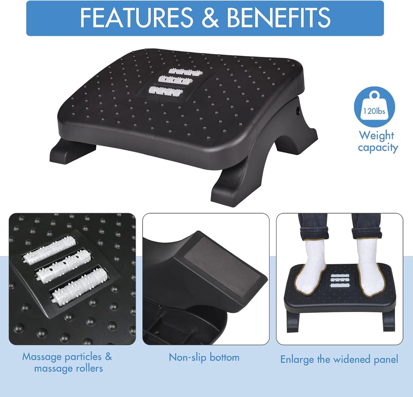 Scalebeard Under Desk Footrest, Ergonomic Foot Stool with Massage Rollers Max-Load 120Lbs Desk Leg Rest Pain Relief for Home Office Work