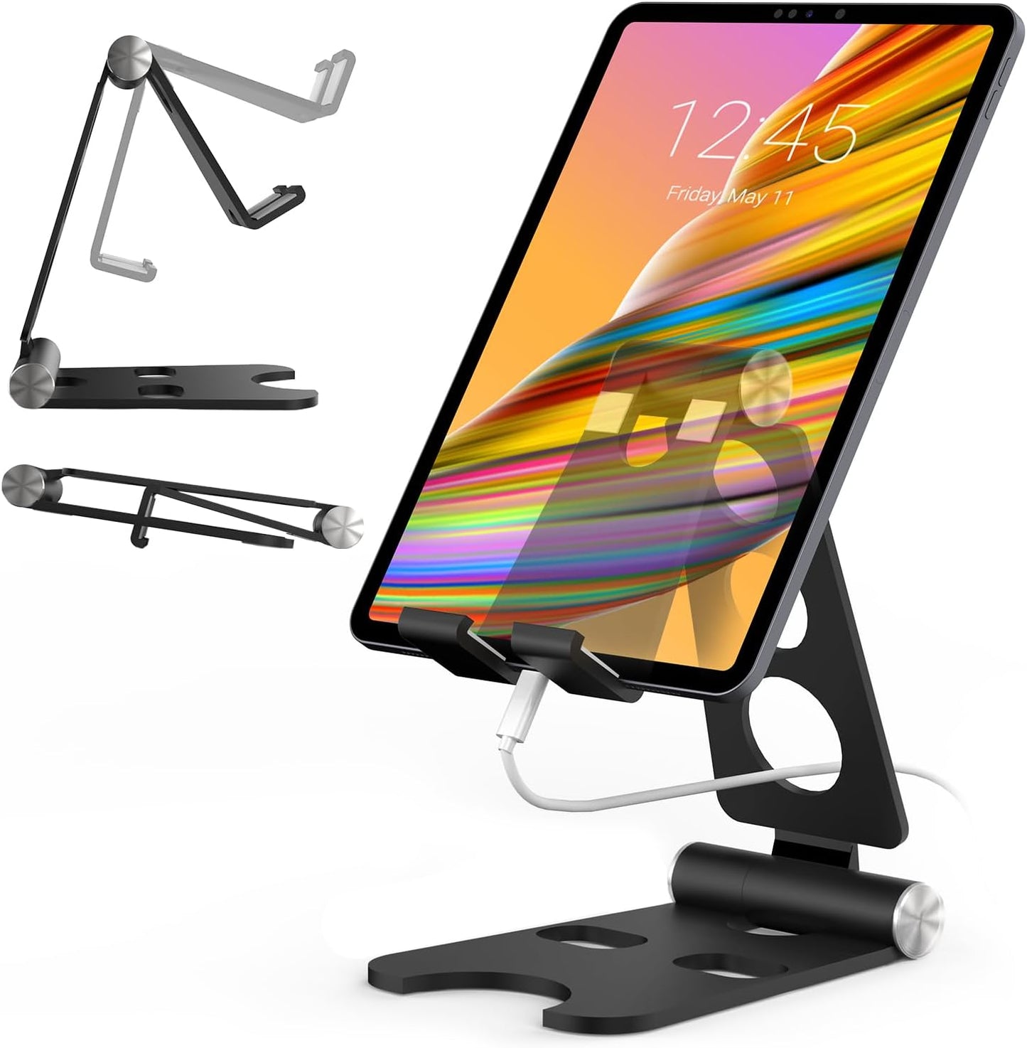 Kado Tablet Stand with Cord Holder Aluminum Alloy Black, Fully Adjustable Foldable Desktop Phone Stand Compatible with iPad mini/Air/Pro 11/12.9, Galaxy Tablet, Kindle and Display Devices 4"-16''
