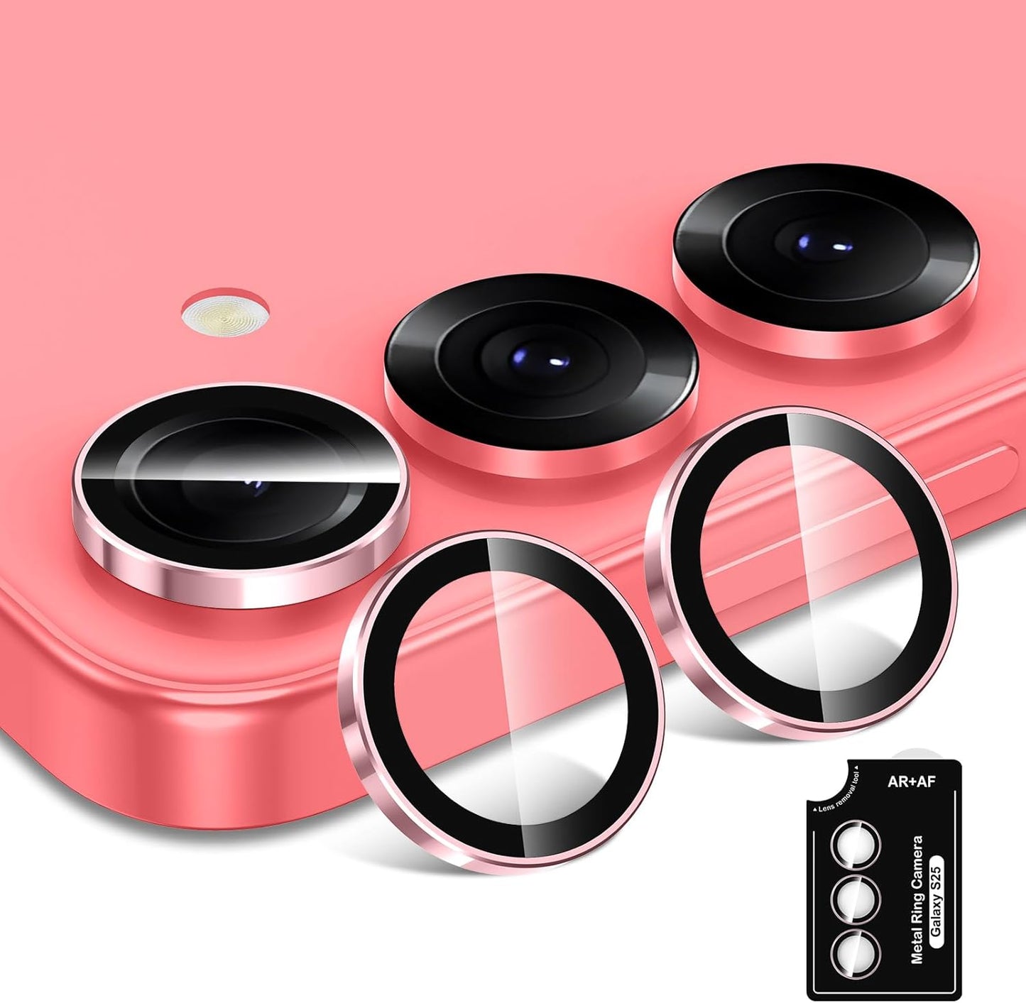 for Samsung Galaxy S25 Camera Lens Protector, Individual Metal Ring Tempered Glass Lens Cover, [Strong Adsorption] Scratch Resistant Ultra-Thin HD Clear Lens Cover, 1 Set-Pink Ring