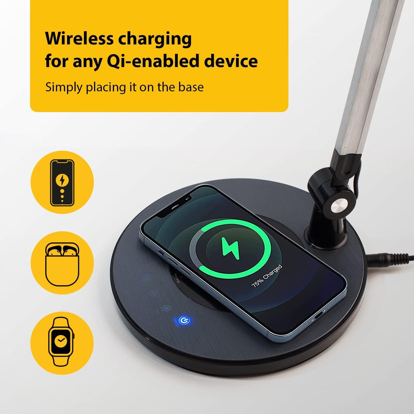 OTUS LED Desk Lamp for Home Office with Wireless Charger | 3 Color & 12 Dimmable Levels | Tall Architect Desk Lamp Adjustable Swing Arm | Eye-Care Task Table Lamp for Reading, Study & Video Calls