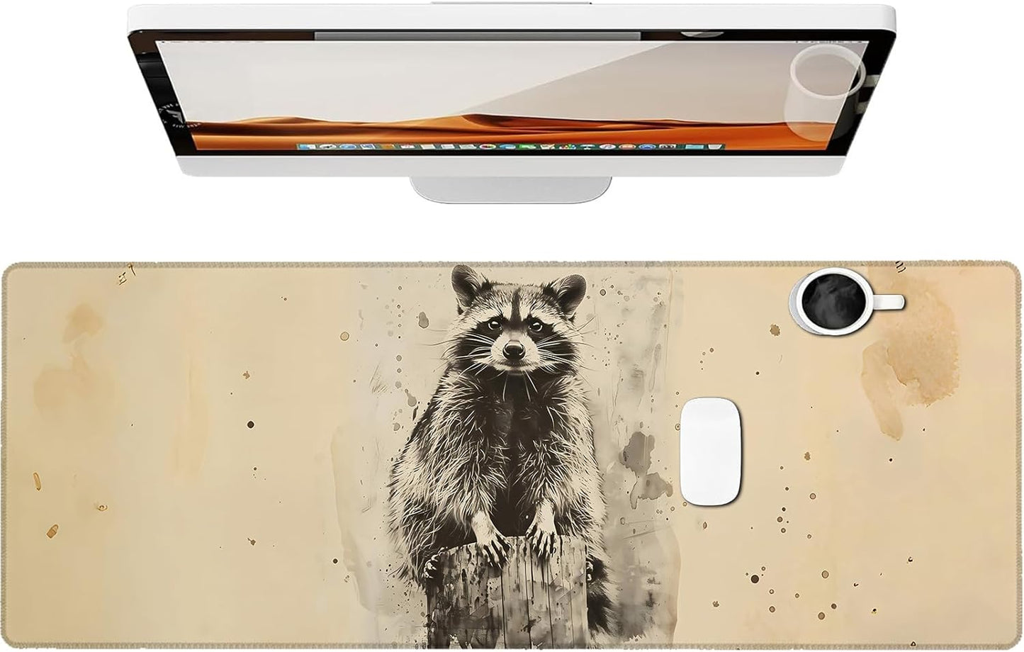Vintage Raccoon Gaming Mouse Pad, Large Office Desk Mat, Anti-Slip Rubber Base Mousepad for Computer Laptop Keyboard, Smooth Desk Pad for Home Office Gamer Work Accessories 31.5" x 11.8"