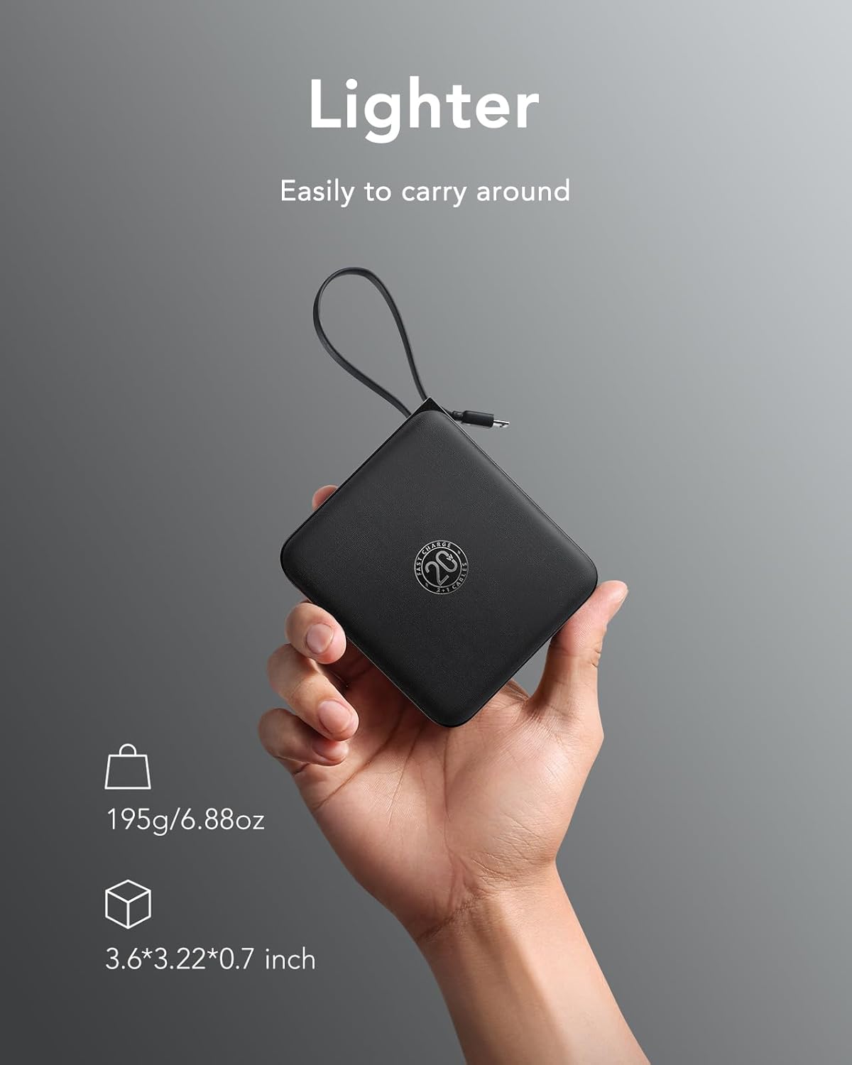 VRURC Portable Charger with Built-in Cable, 10000mAh 22.5W Fast Charging USB C Battery Pack, Cell Phone Power Bank for iPhone 16 15 14 Samsung Galaxy S25 S24 S23 Series Android Tablet, Black(1 Pack)