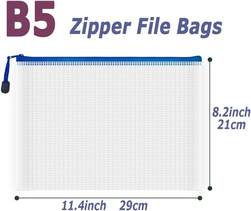 AUSTARK 10 Pcs Zipper File Bags, Waterproof Plastic Mesh Pouch for Office School, Board Game Storage Bags (B5 Size 11.4''x8.2'', White and Blue)