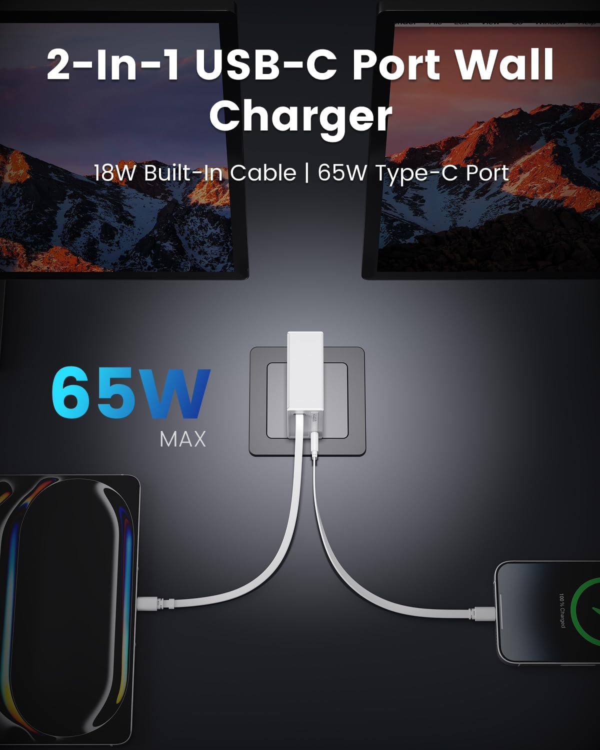 65W USB C Retractable Wall Charger with Built-in Type-C Cable, Portable Fast Charger Block with Foldable Plug, Compatible for Laptop, MacBook Pro/Air, iPhone 16/15, Galaxy S25, Pixel, iPad