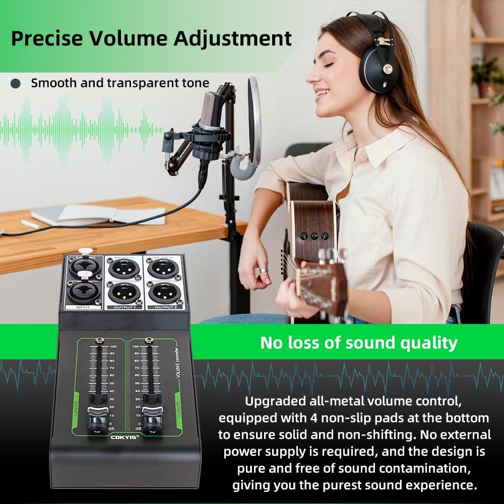 Passive Stereo Volume Controller, XLR 2 Input 2 Output Stereo Studio Controller, Plug and Play for Studio Speakers, Home Audio with Metal Interfaces, Great for Live Performance