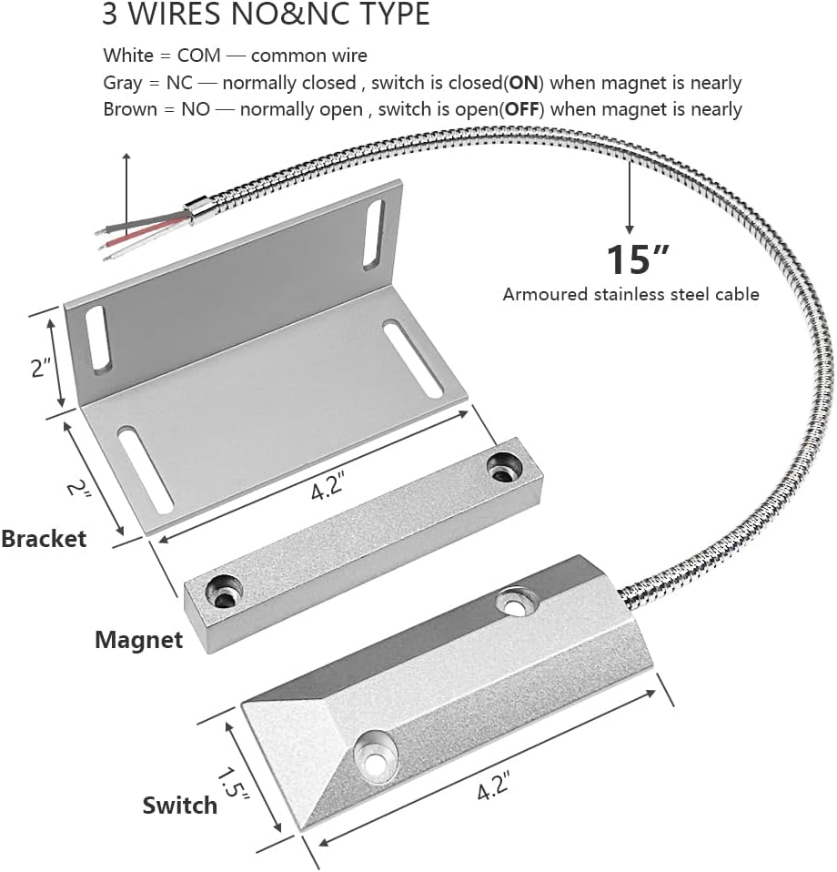 NO&NC 3 Wires Magnetic Garage Door Contacts Heavy Duty Alarm Switch Sensor for Roller Shutter with Adjustable Bracket