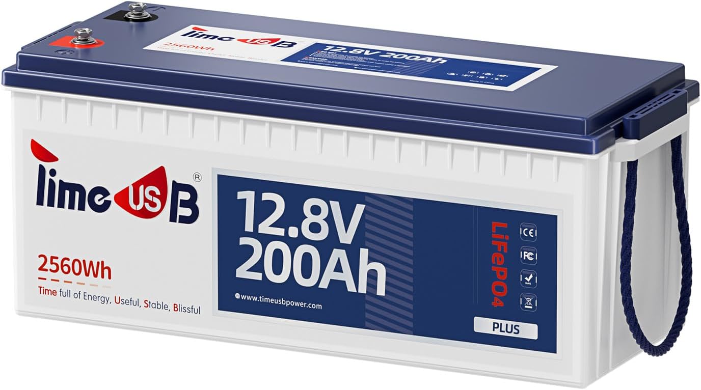 12V 200Ah Plus LiFePO4 Battery, Timeusb Lithium Battery with 200A BMS, Max. 2560W Power, 4000-15000 Deep Cycles, 10-Year Lifetime, Perfect for RV, Camping, Marine, Solar Off Grid, Backup System