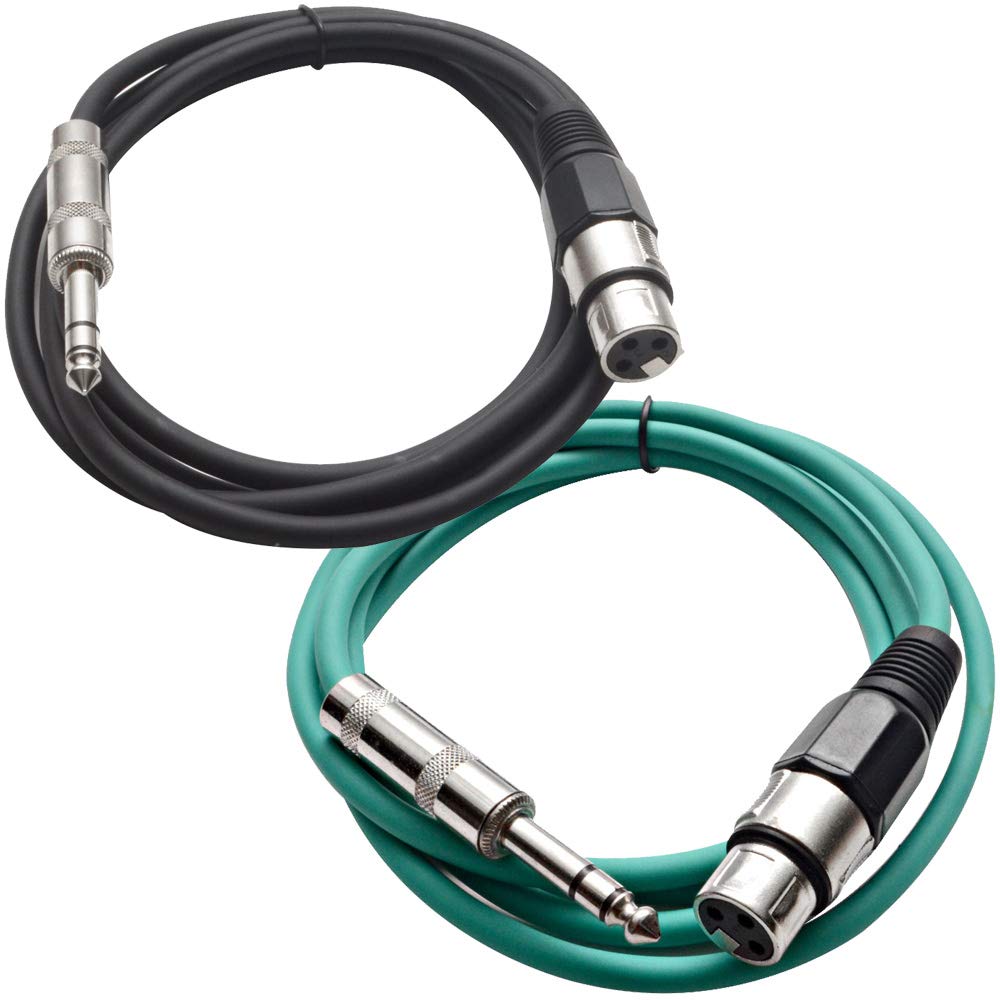 Seismic Audio - SATRXL-F6-2 Pack of 6 Foot 1/4 Inch TRS to XLR Female Patch Cables - Balanced - 6 Foot Patch Cord - Black and Green
