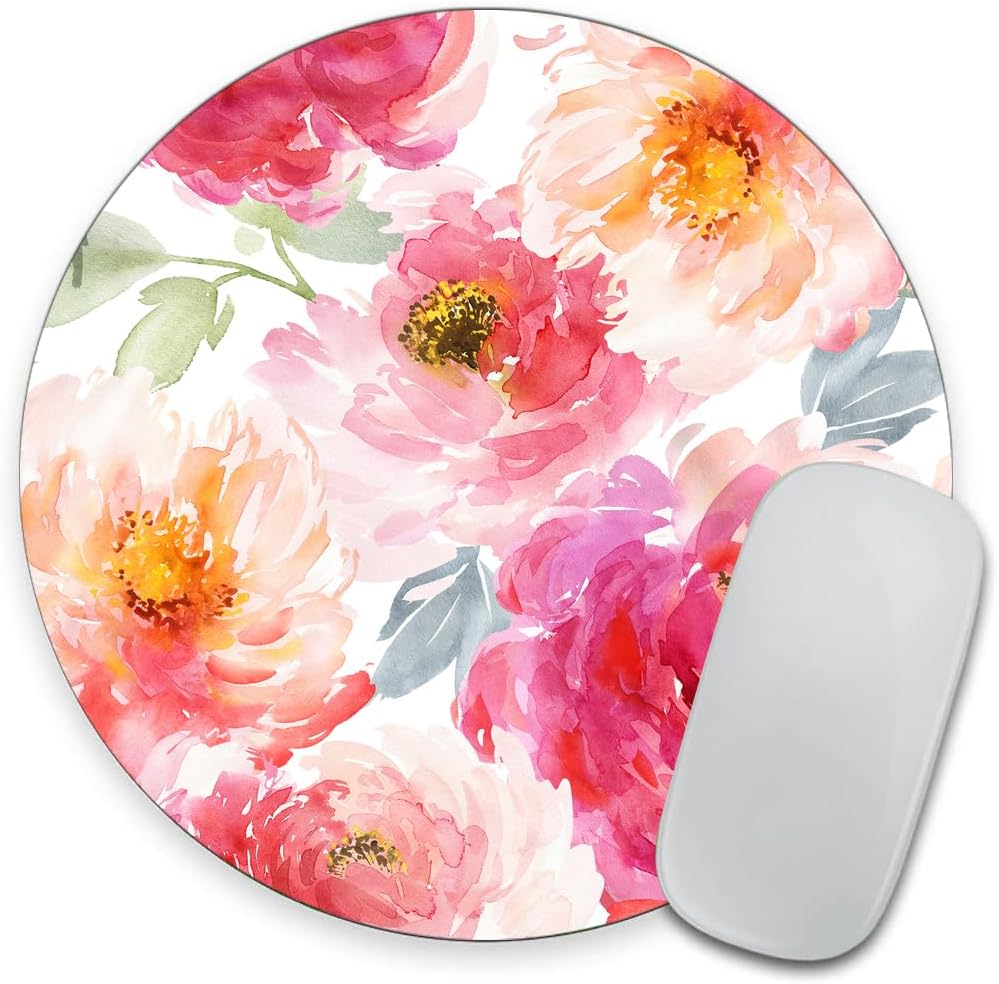Pink Peony Flower Round Mousepad, Personalized Custom Design Mouse Pads，Cute Waterproof Circular Non-Slip Rubber Base Small Mouse Pad， Mousepad for Laptop Computers