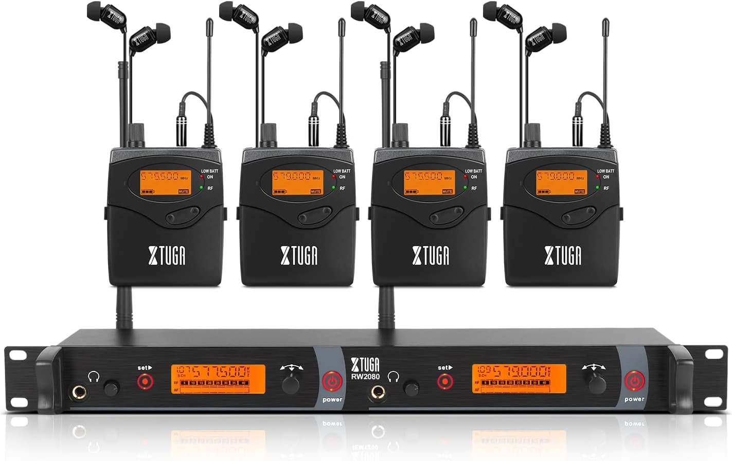 XTUGA RW2080 Wireless in Ear Monitor System 4 Bodypacks UHF IEM System, Dual Channel Mono Design Stage Monitors Earphone with 40 Frequencies, 300Ft for Band, Studio or Musicians, 902-928mhz
