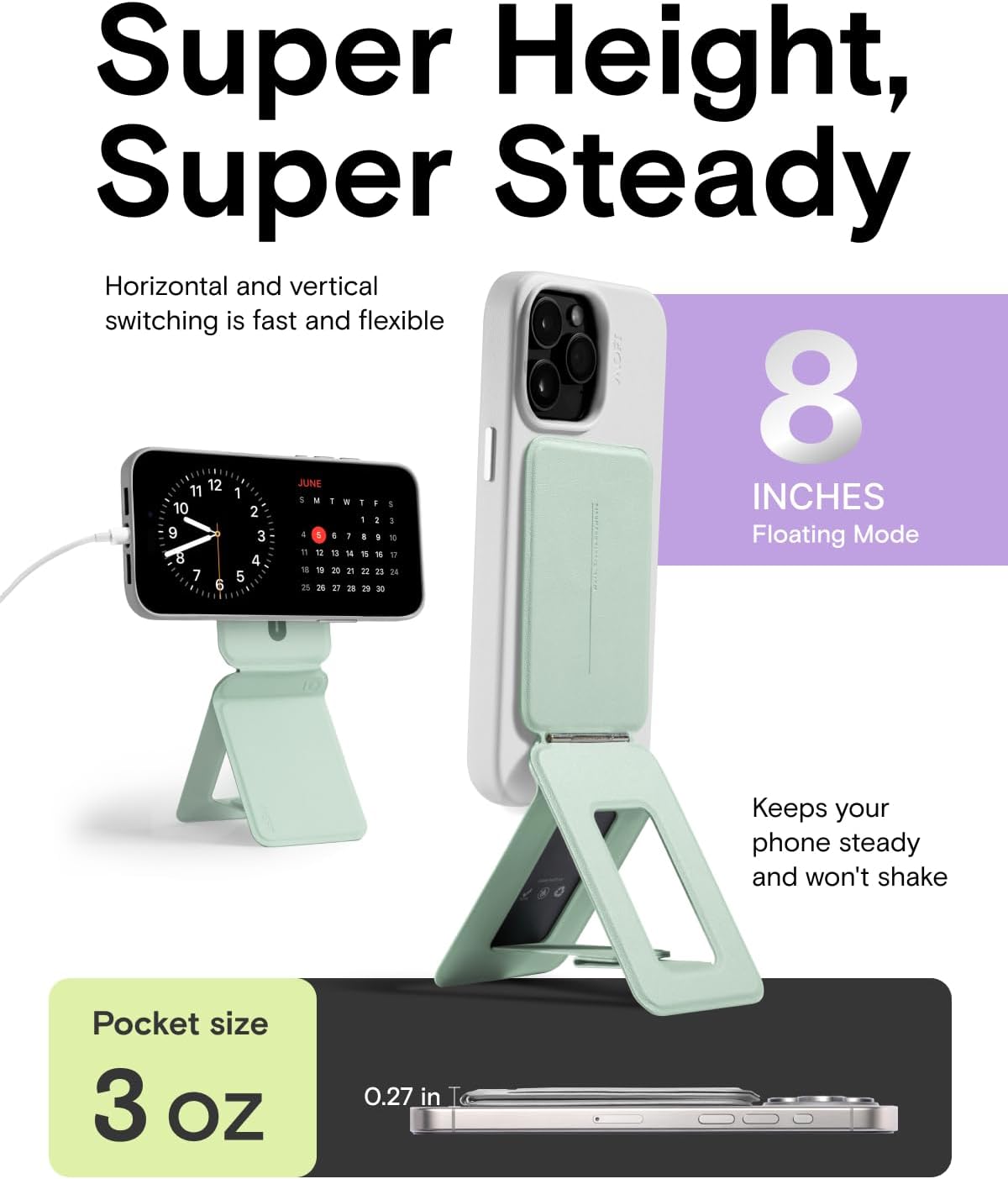 MOFT Phone Tripod Stand Selfie Stick for iPhone, Multi-Angles iPhone Stand, Lightweight & Portable Phone Holder, Strong Magnets, MOVAS Vegan Leather, Travel Essentials, Peppermint (Without Card Slot)