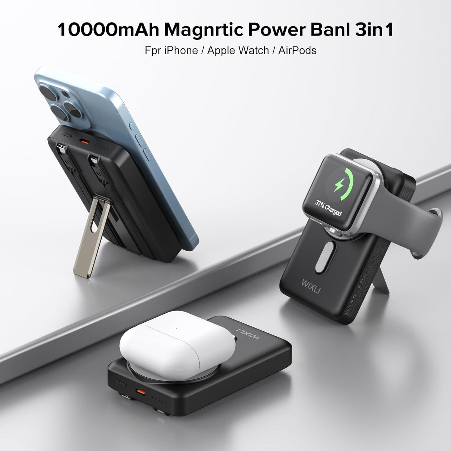 Wireless Portable Charger, 3-in-1 Magnetic Power Bank 10000mAh with USB-C and iOS Cable and Stand, 22.5W Fast Charging Battery Pack, Compatible with iPhone 16/15/14/13/12/Pro/Mini/Pro Max