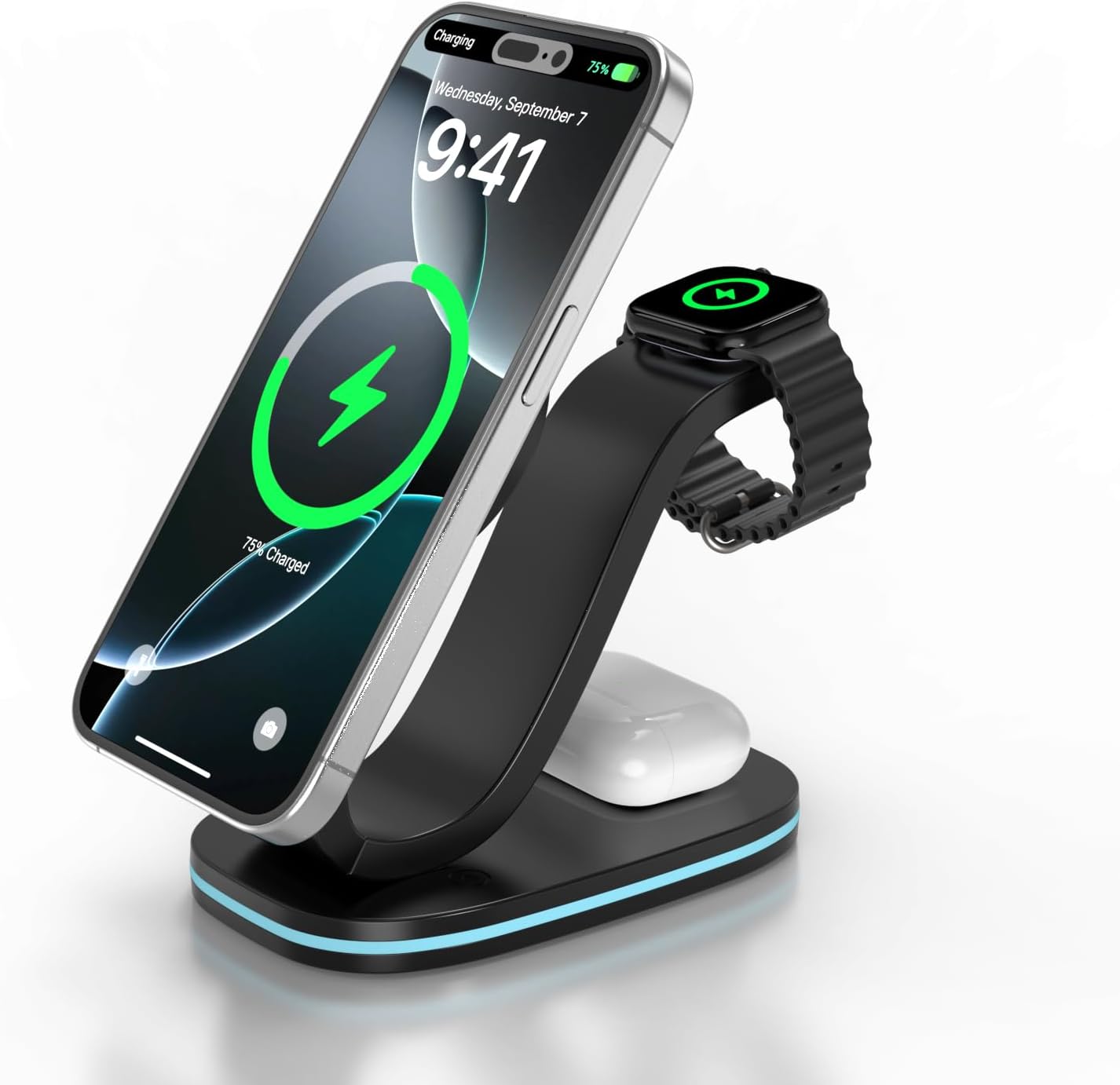 3 in 1 Wireless Charging Station for Qi2 Apple Multiple Devices, 30W USB C Adapter&Light, Fast Magnetic Charger Stand Compatible with iPhone 16 15 14 Pro Max, Apple Watch Series 10 9 & Airpods 4 3 Pro