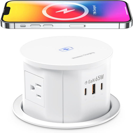 Pop up Outlet for Countertop with 15W Wireless Charger,65W USB C Charging Station,4 Outlets,2 USB C,USB A,Tamper Resistant Receptacle,4.7-inch Hole Power Grommet,Desk Recessed Outlet,White