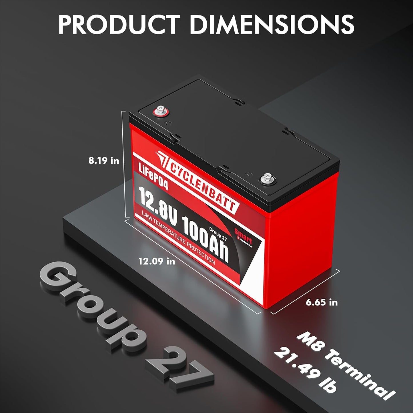 12V 100Ah Bluetooth LiFePO4 Battery, Low-Temp Protection 12V Lithium Battery Built in 100A BMS, Group 27 Lithium Batteries 12V Great for Marine, Trolling Motor, RV, Solar, Off Grid, Camping
