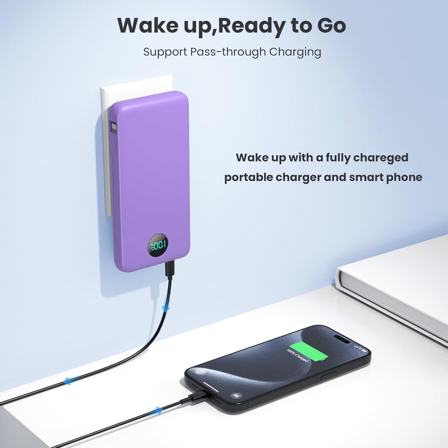 Portable Charger 13800mAh Slim USB C Power Bank with Built in Cables and Wall Plug,LCD Display Lightweight Travel Battery Pack,PD Fast Charging Compatible with iPhone 15,14,Samsung Android-Purple