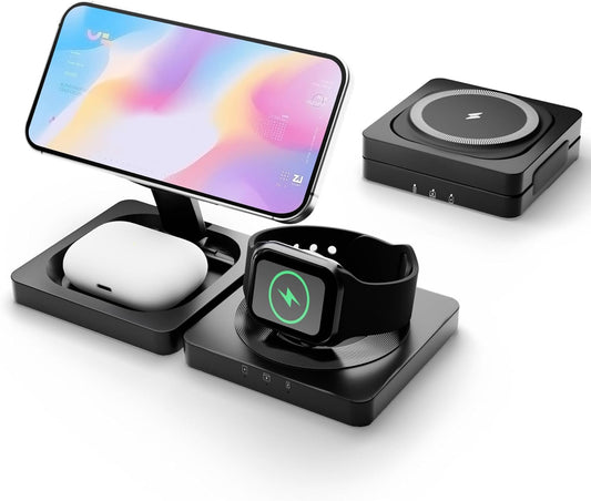 Magnetic Wireless Charger for iPhone: 3 in 1 for Travel 15W Fast Charging Pad Foldable for iPhone 16-12 Pro Max - for Apple Watch Ultra and AirPods Series Magnet Multiple Devices (Dark Black)
