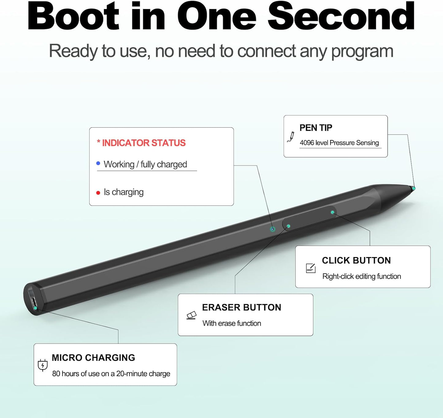 Stylus for HP Envy X360 Pavilion x360 Specter X360 Spectre x2 Envy x2 Touchscreen Laptop Rechargeable MPP 2.0 Tilt Pencil 4096 Pressure Sensitivity Using The Microsoft MPP Protocol, Black