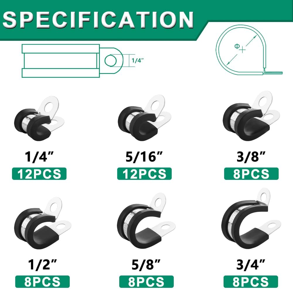 56PCS Cable Clamps Assortment Kit,6 Sizes—1/4" 5/16" 3/8" 1/2" 5/8" 3/4" Stainless Steel Rubber Coated Cushioned Insulated Cable Clamp,Automotive Cable Wire Clamps,Pipe Clamps,Metal Clamp