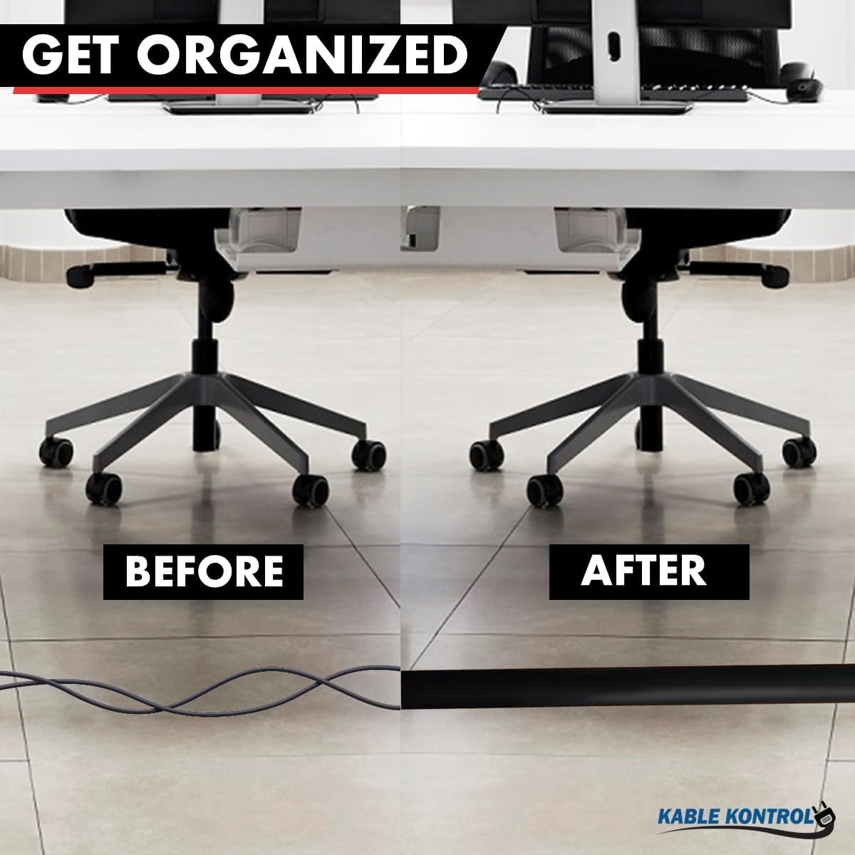 Kable Kontrol Silicone Floor Cord Cover - 5 Ft Flexible Cord Protector, Self Adhesive, for Concealing Extension Cable, Protecting Wires, Prevents Trips – 2.5in W X 0.5in H - 35 Pcs - Black