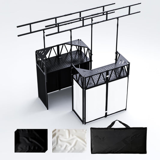 Portable DJ Booth,Foldable DJ Table Stand with Light Stand White & Black Scrim,Adjustable DJ Facade Booth Station Triangle Plate Metal Frame DJ Table with Cable Hole for Private Events, Clubs, Bars